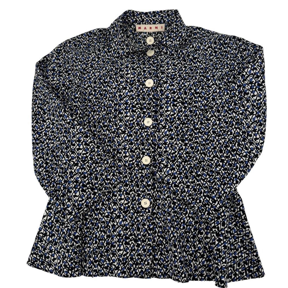 Marni Button Down Shirt Womens 44 L Blue Black Geometric Abstract Peplum Italy